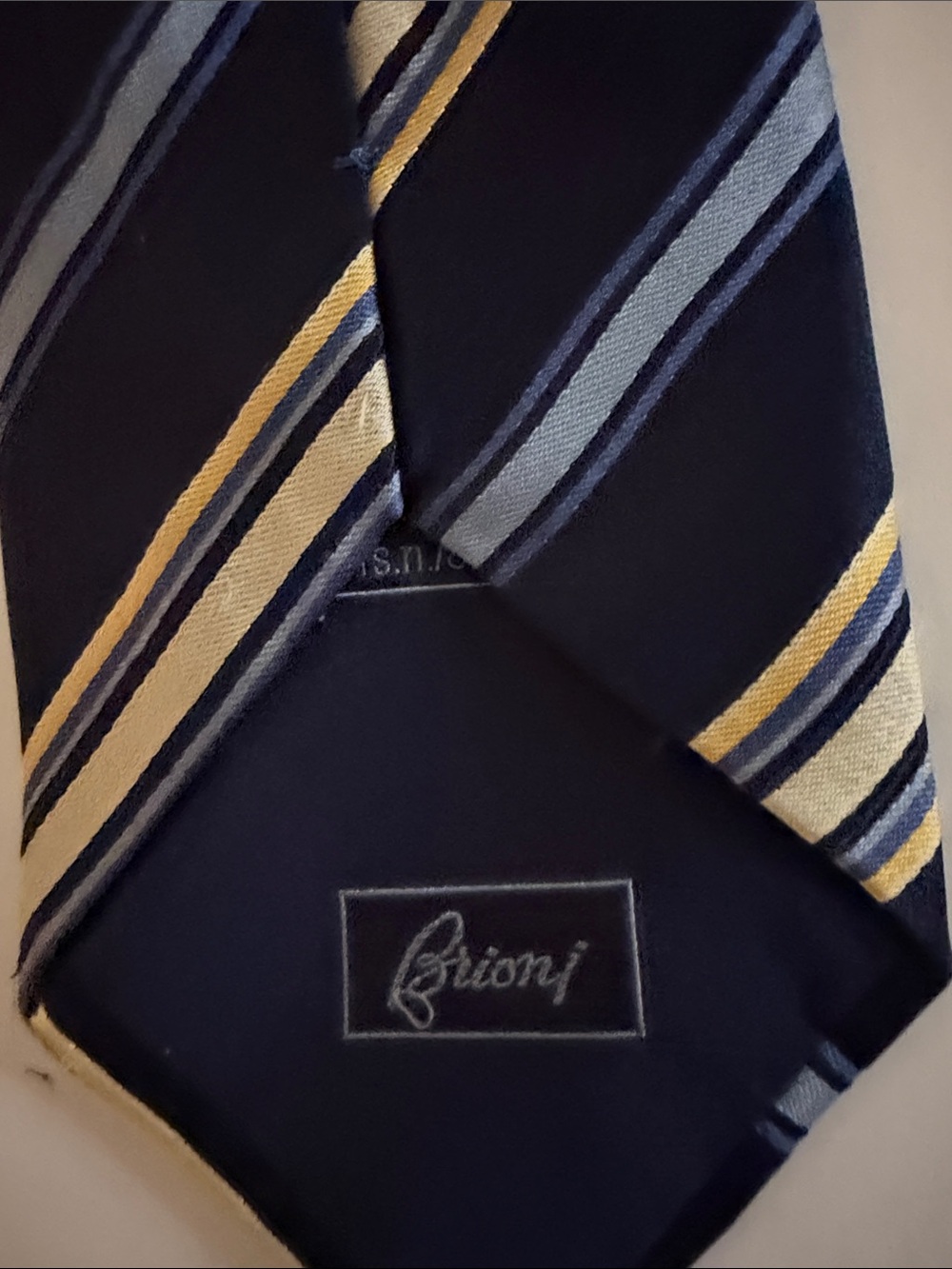 Brioni Navy Tie with Light Blue and Gold Stripes - Picture 4 of 6